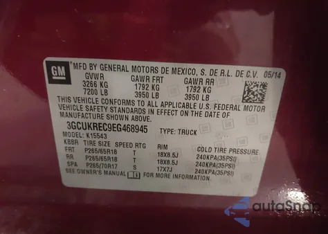 2014 Chevrolet Silverado 1500 1Lt from USA, damaged, VIN 3GCUKREC9EG468945